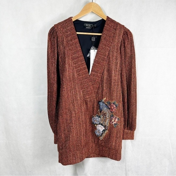 PatBo Lurex Embellished Deep V Neck Tunic Mini Dress Size XS Copper - Picture 3 of 15